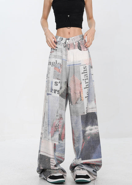 Beige Retro Newspaper Print Wide-Leg Mopping Jeans - Women’s Jeans