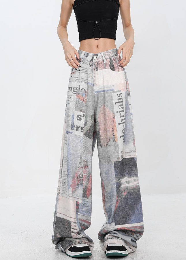Beige Retro Newspaper Print Wide-Leg Mopping Jeans - Women’s Jeans