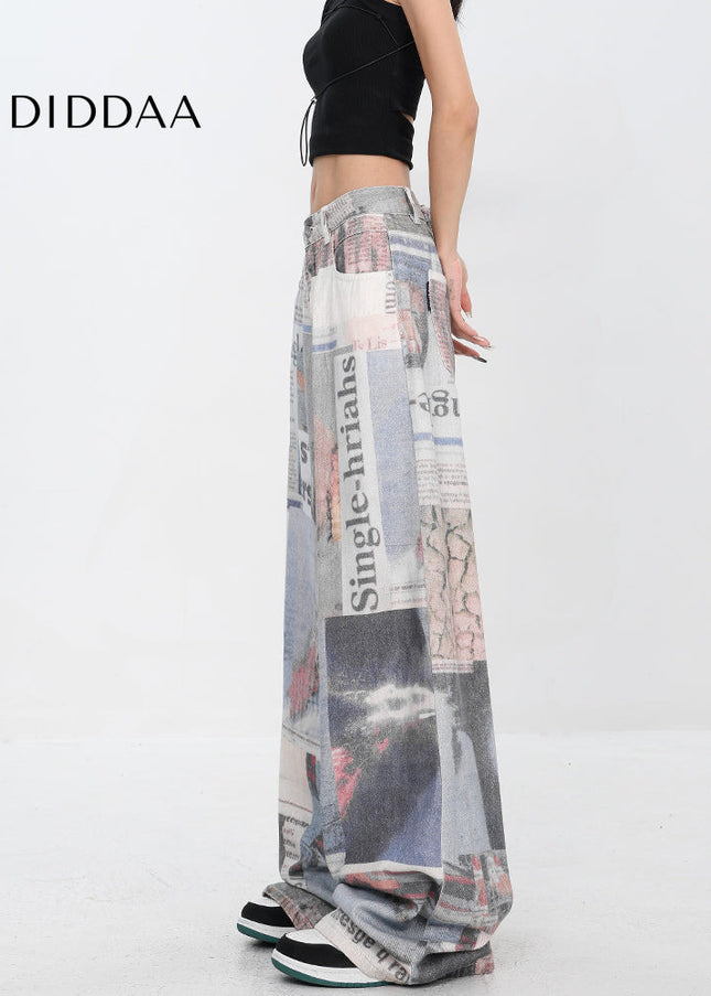 Beige Retro Newspaper Print Wide-Leg Mopping Jeans - Women’s Jeans