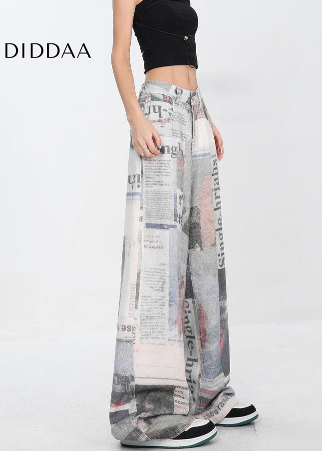 Beige Retro Newspaper Print Wide-Leg Mopping Jeans - Women’s Jeans