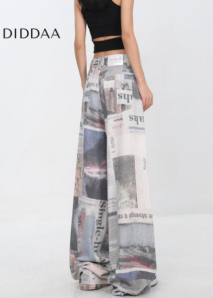 Beige Retro Newspaper Print Wide-Leg Mopping Jeans - Women’s Jeans