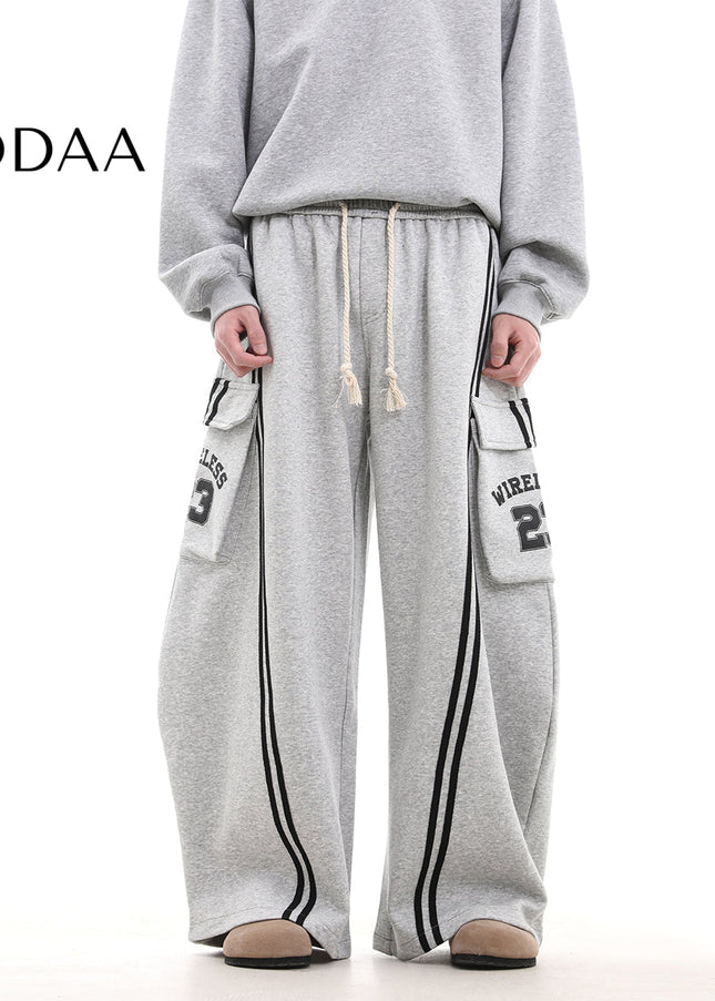 Beige Striped Large Pocket Scimitar Sweatpants - S / Grey - Unisex Sweatpants