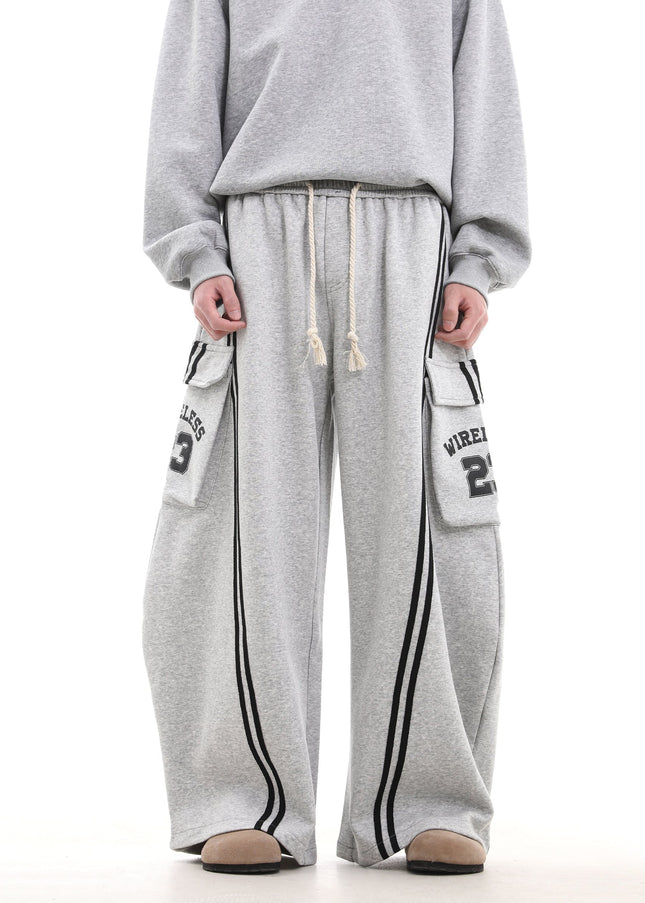 Beige Striped Large Pocket Scimitar Sweatpants - Unisex Sweatpants