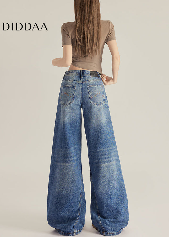 Beige Vintage Cracked Wide-Leg Jeans for Women - Women’s Jeans