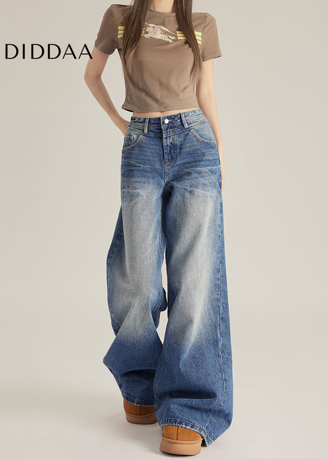 Beige Vintage Cracked Wide-Leg Jeans for Women - Women’s Jeans