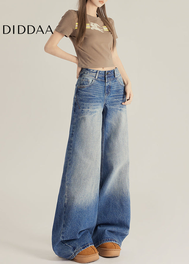 Beige Vintage Cracked Wide-Leg Jeans for Women - Women’s Jeans