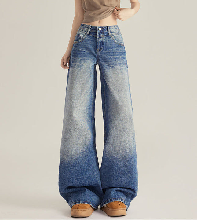 Beige Vintage Cracked Wide-Leg Jeans for Women - Women’s Jeans