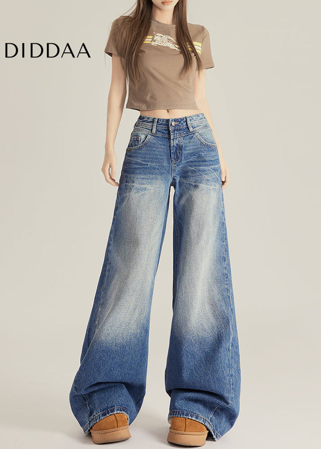 Beige Vintage Cracked Wide-Leg Jeans for Women - Women’s Jeans