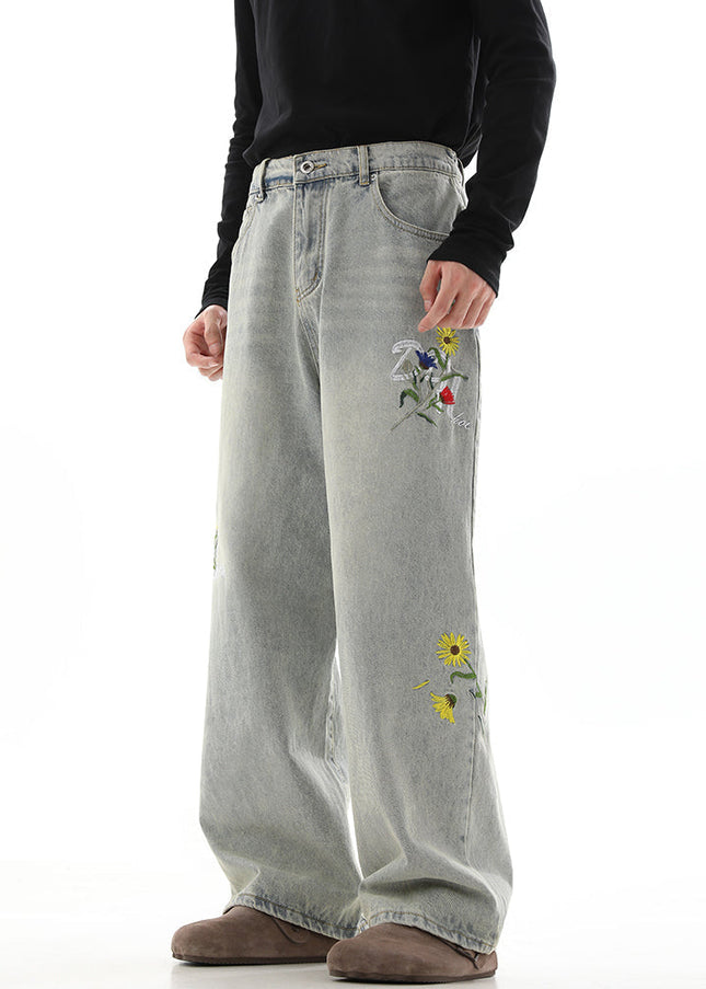 Beige Vintage Daisy Embroidery Loose Pants Trousers - Men’s Jeans