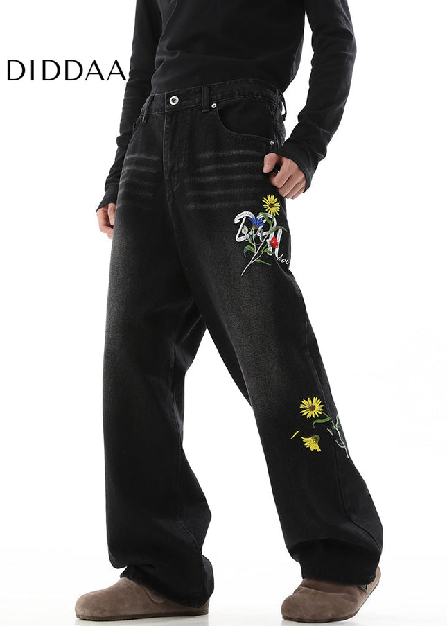 Beige Vintage Daisy Embroidery Loose Pants Trousers - Men’s Jeans