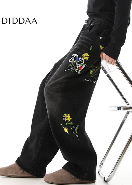 Beige Vintage Daisy Embroidery Loose Pants Trousers - Men’s Jeans