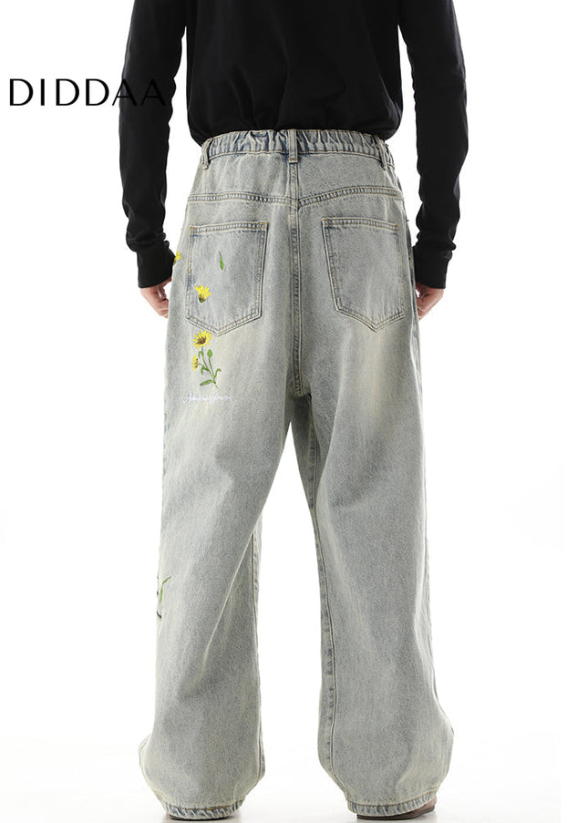 Beige Vintage Daisy Embroidery Loose Pants Trousers - Men’s Jeans