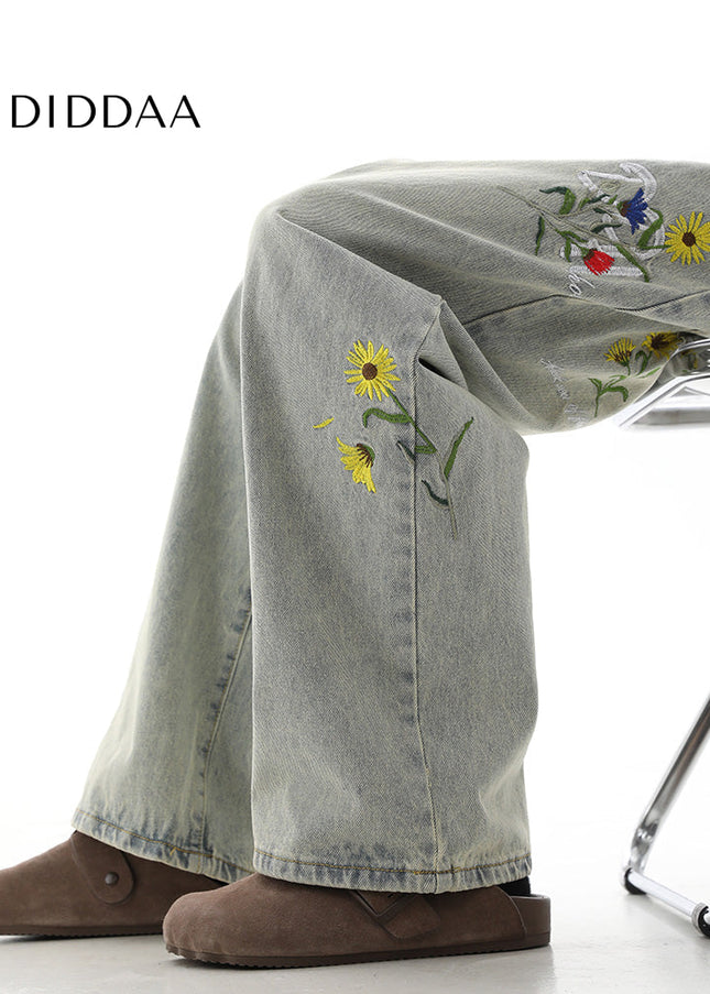 Beige Vintage Daisy Embroidery Loose Pants Trousers - Men’s Jeans