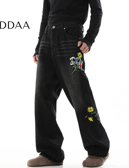 Beige Vintage Daisy Embroidery Loose Pants Trousers - S / Black - Men’s Jeans