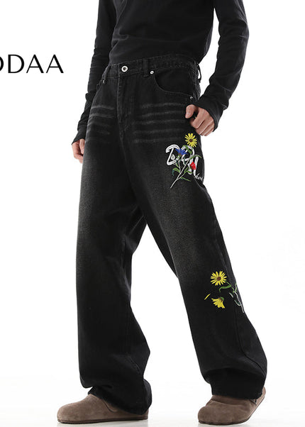 Beige Vintage Daisy Embroidery Loose Pants Trousers - S / Black - Men’s Jeans