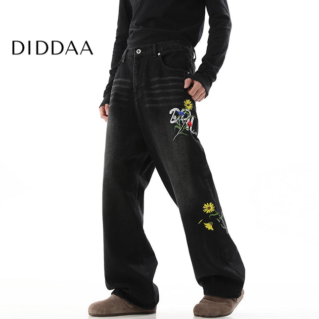 Beige Vintage Daisy Embroidery Loose Pants Trousers - S / Black - Men’s Jeans