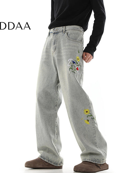 Beige Vintage Daisy Embroidery Loose Pants Trousers - S / Light Blue - Men’s Jeans