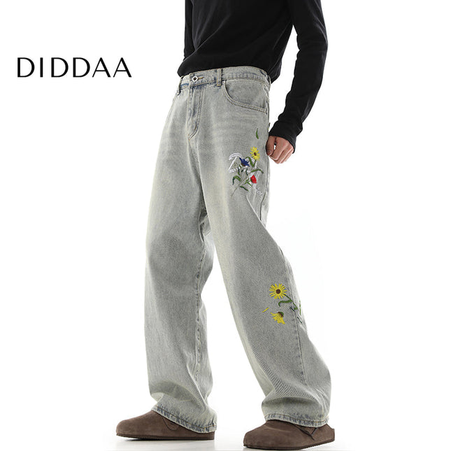 Beige Vintage Daisy Embroidery Loose Pants Trousers - S / Light Blue - Men’s Jeans