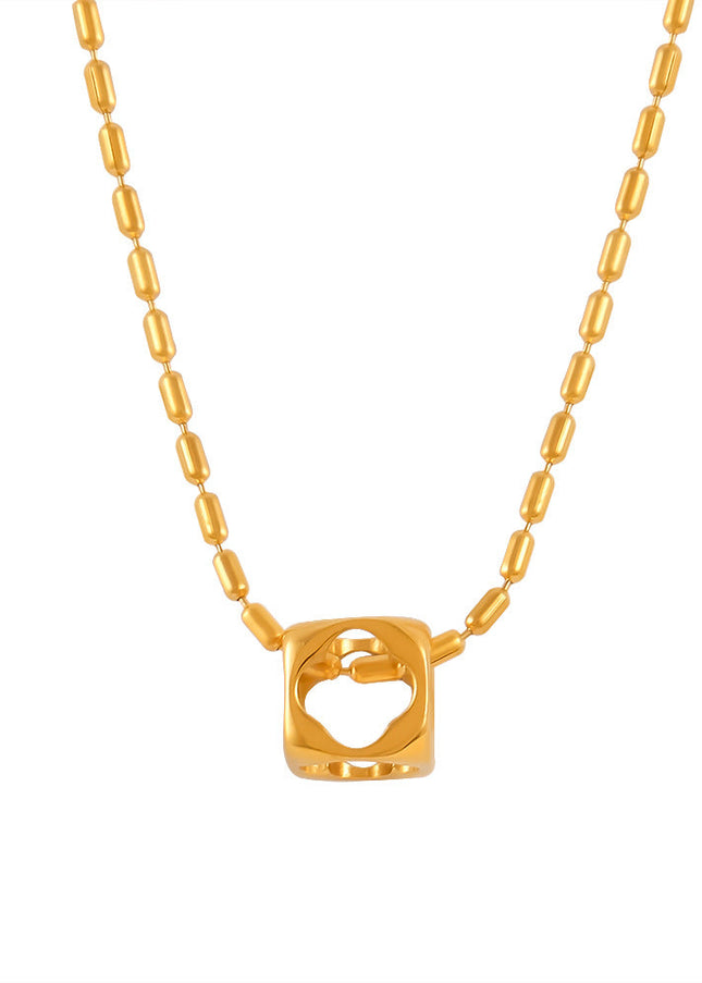ins casual vacation style niche simple rice bead chain jewelry personality hollow square pendant titanium steel gold-plated necklace