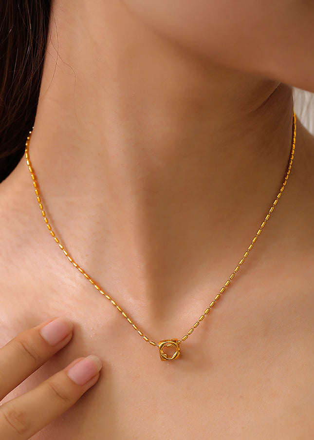 ins casual vacation style niche simple rice bead chain jewelry personality hollow square pendant titanium steel gold-plated necklace