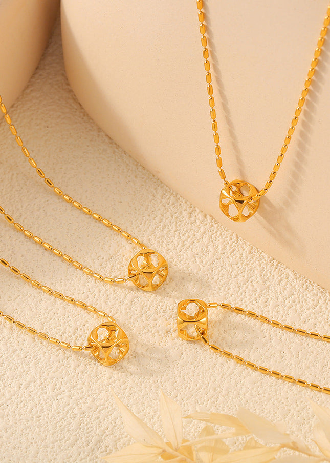 ins casual vacation style niche simple rice bead chain jewelry personality hollow square pendant titanium steel gold-plated necklace