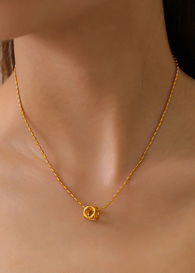 ins casual vacation style niche simple rice bead chain jewelry personality hollow square pendant titanium steel gold-plated necklace