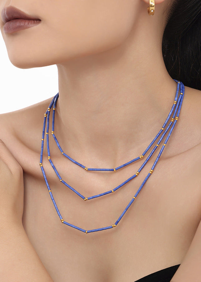 Mystery ins natural lapis lazuli beaded necklace stainless steel plated 18k gold niche European and American cross-border light luxury jewelry