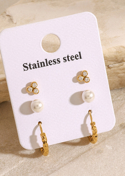 Jieding European and American stainless steel round earrings high-quality zircon pearl stud earrings titanium steel non-fading earrings cross-border
