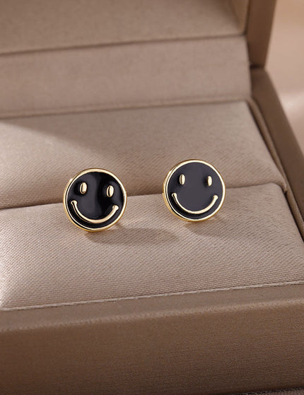 House of Shakespeare Black 14K Gold Plated Earrings Bentleigh Earrings | Gold Smiley Face Stud Earrings