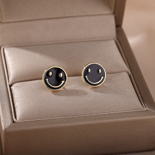 House of Shakespeare Black 14K Gold Plated Earrings Bentleigh Earrings | Gold Smiley Face Stud Earrings