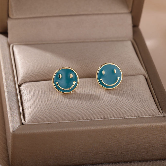 House of Shakespeare Blue 14K Gold Plated Earrings Bentleigh Earrings | Gold Smiley Face Stud Earrings