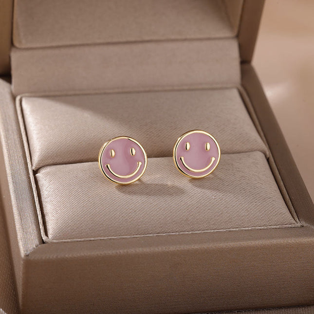 House of Shakespeare Pink 14K Gold Plated Earrings Bentleigh Earrings | Gold Smiley Face Stud Earrings