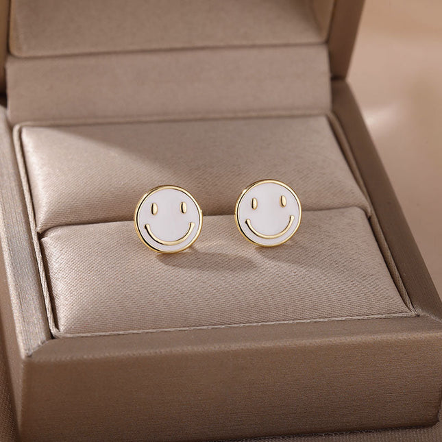 House of Shakespeare White 14K Gold Plated Earrings Bentleigh Earrings | Gold Smiley Face Stud Earrings