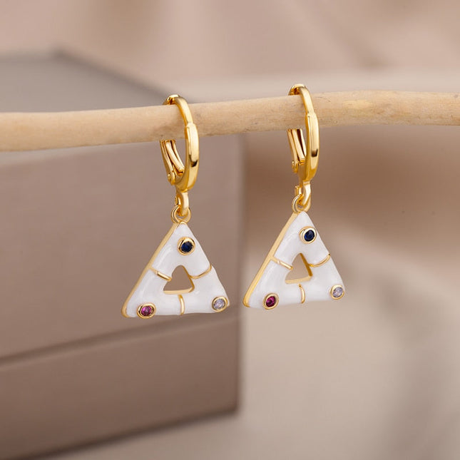 Berda Earrings | Gold Triangle White Hoop Earrings