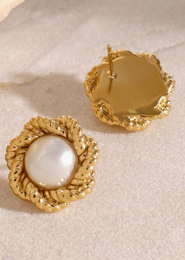 Jieding European and American stainless steel plated 18k gold flower twist texture pearl stud earrings design sense of high-end versatile earrings