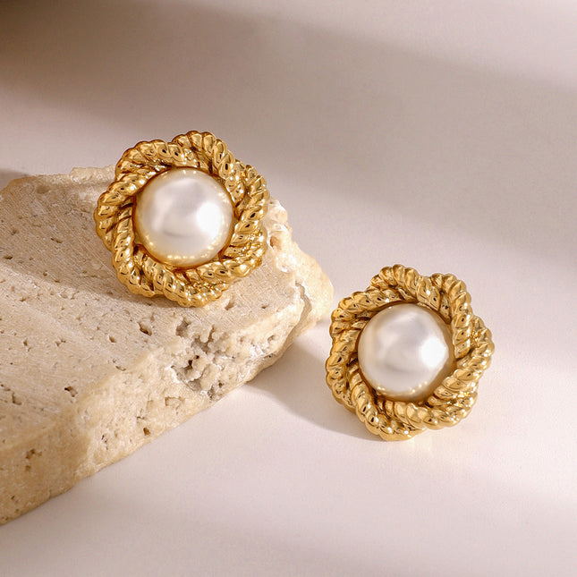 Jieding European and American stainless steel plated 18k gold flower twist texture pearl stud earrings design sense of high-end versatile earrings