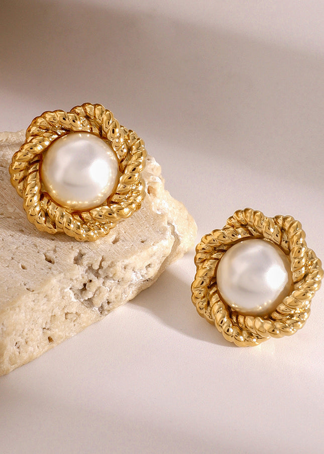 Jieding European and American stainless steel plated 18k gold flower twist texture pearl stud earrings design sense of high-end versatile earrings