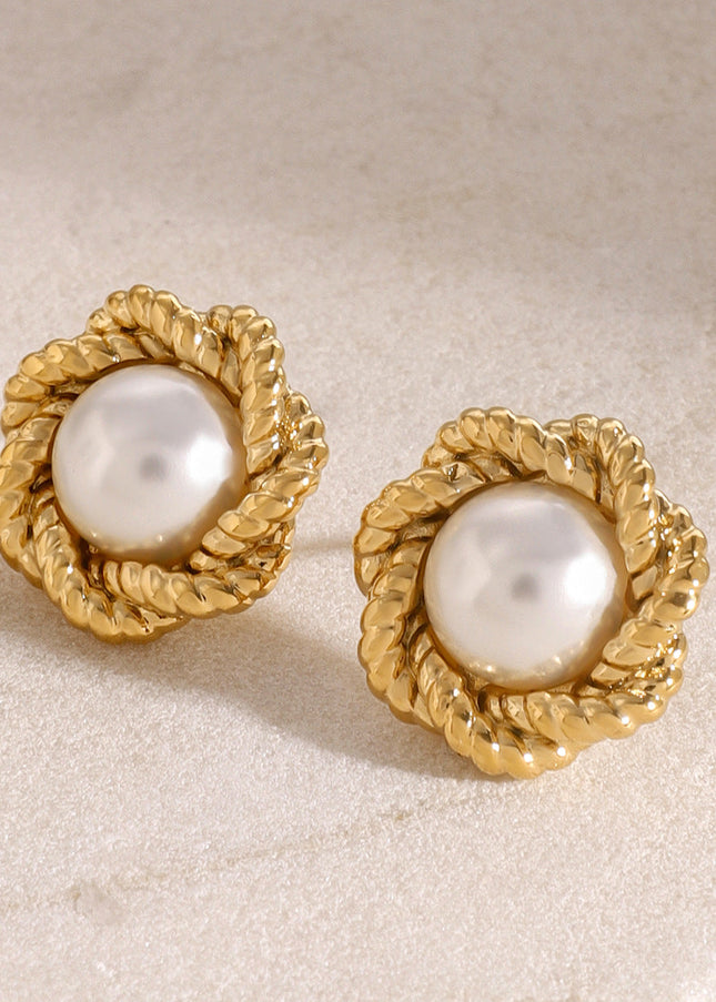 Jieding European and American stainless steel plated 18k gold flower twist texture pearl stud earrings design sense of high-end versatile earrings