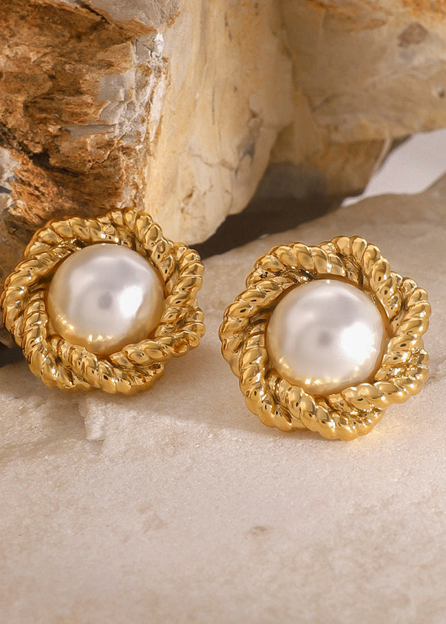 Jieding European and American stainless steel plated 18k gold flower twist texture pearl stud earrings design sense of high-end versatile earrings