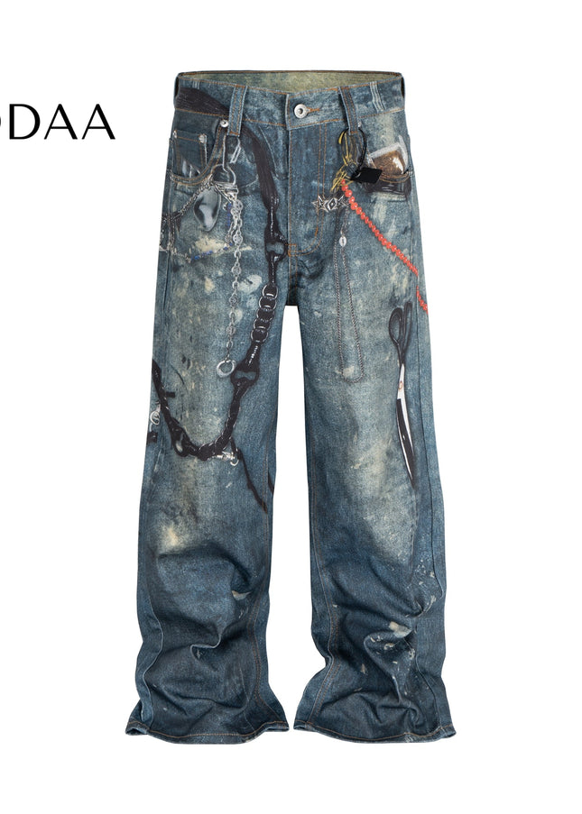 Black 3D Printed Chain Print Baggy Wide-Leg Jeans - M / Blue - Women’s Jeans