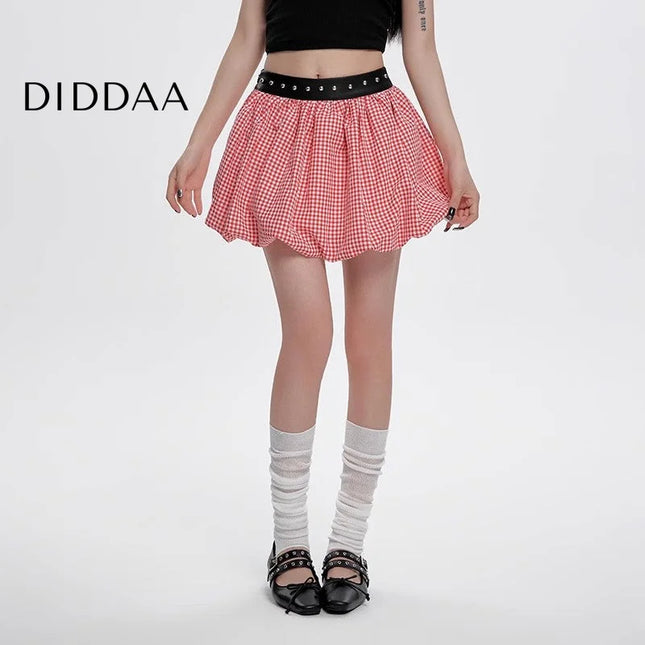 Black And White Plaid Studded Belt A-Line Skirt - S / Pink - Skirts
