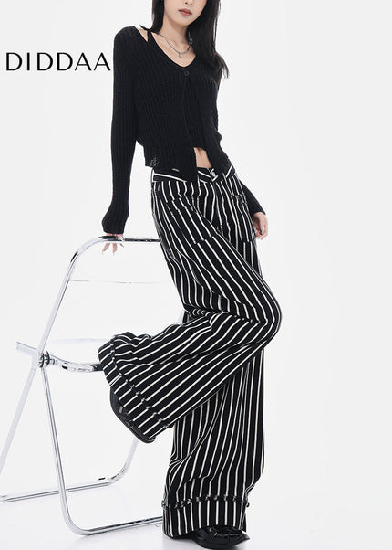 Black and White Vertical Stripe Wide-Leg Jeans - Women’s Jeans