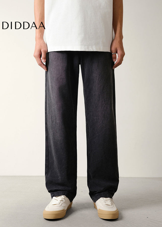 Black Beaded Loose Wide-Leg Canvas Jeans for Men - Men’s Jeans