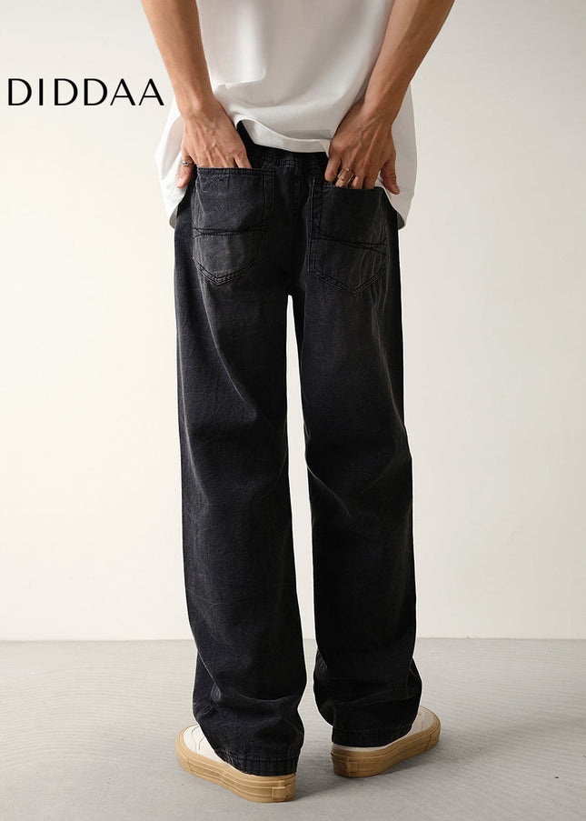 Black Beaded Loose Wide-Leg Canvas Jeans for Men - Men’s Jeans