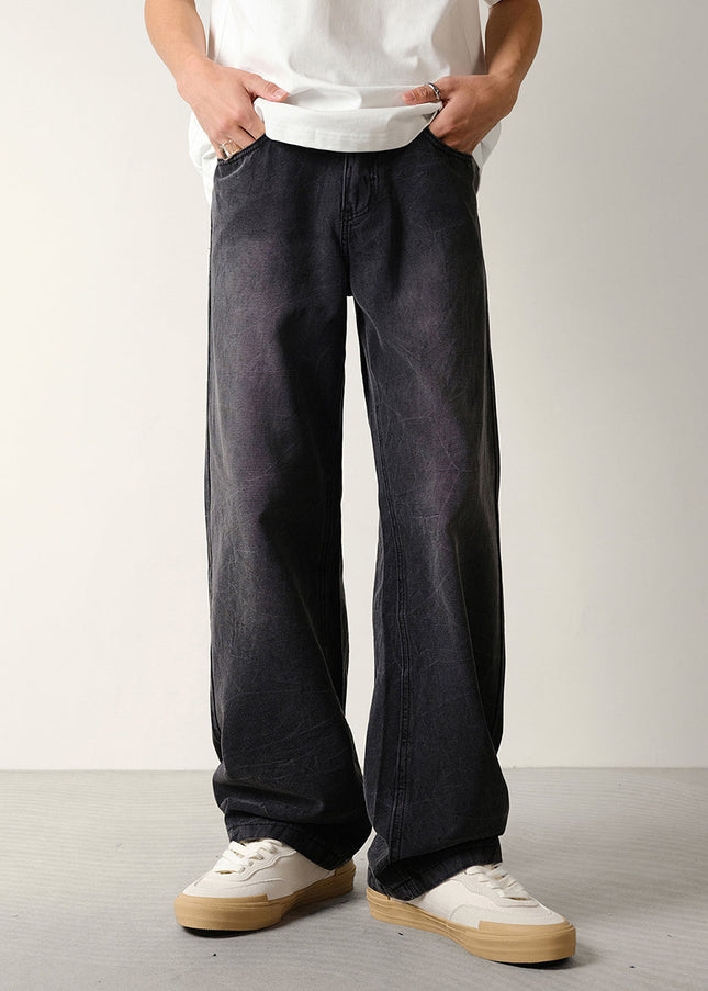 Black Beaded Loose Wide-Leg Canvas Jeans for Men - Men’s Jeans