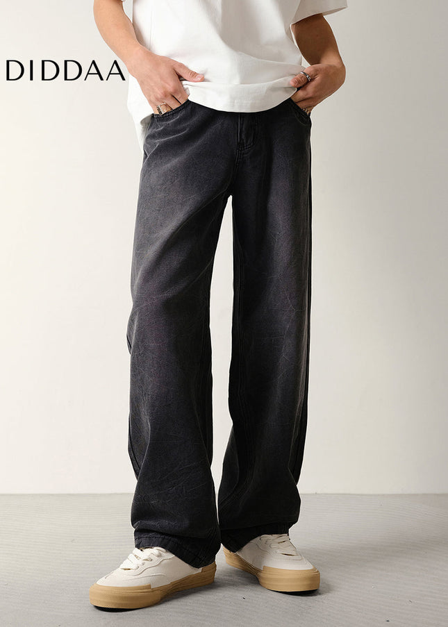 Black Beaded Loose Wide-Leg Canvas Jeans for Men - Men’s Jeans