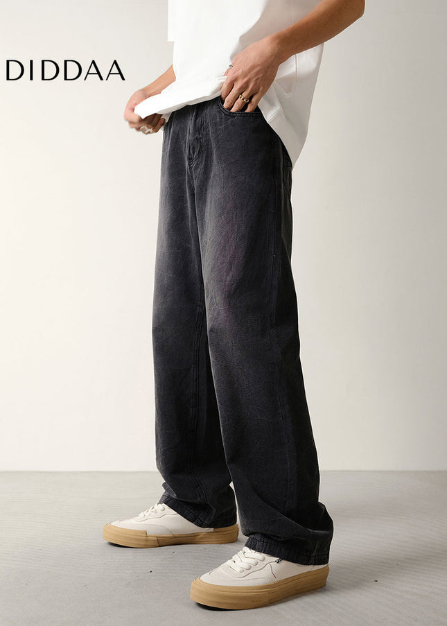 Black Beaded Loose Wide-Leg Canvas Jeans for Men - Men’s Jeans
