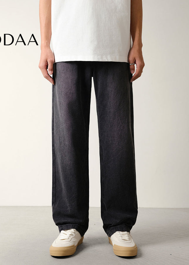 Black Beaded Loose Wide-Leg Canvas Jeans for Men - S / Black - Men’s Jeans