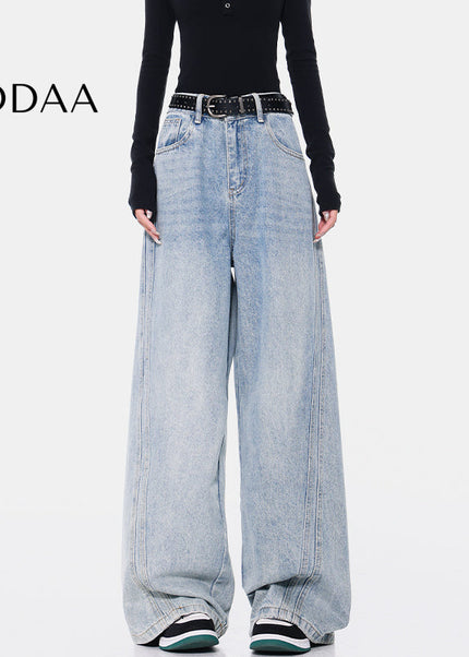 Black Deconstructed High Waist Wide-Leg Jeans - S / Mid Blue - Women’s Jeans