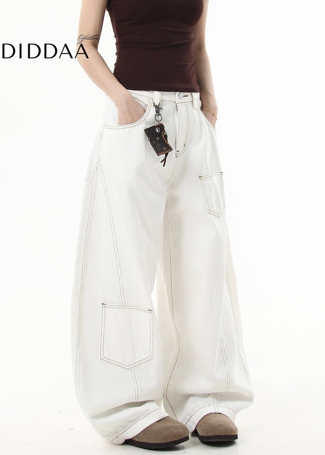 Black Deconstructed Topstitch Wide-Leg Cargo Jeans - Women’s Jeans